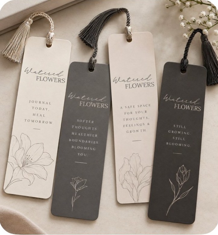 Watered Flowers bookmarks in four designs with tassels: Journal today, heal tomorrow; Softer thoughts, healthier boundaries, blooming you; A safe space for your thoughts, feelings and growth; Still growing, still blooming